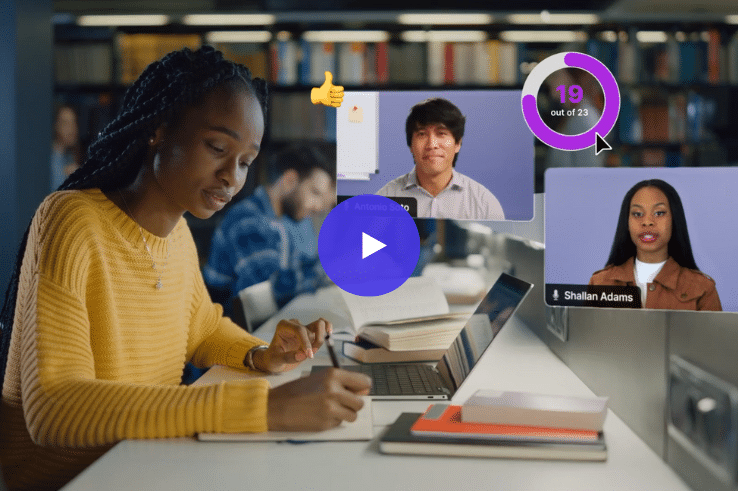 Photo of a young female college student participating in a virtual Class session while sitting in the library