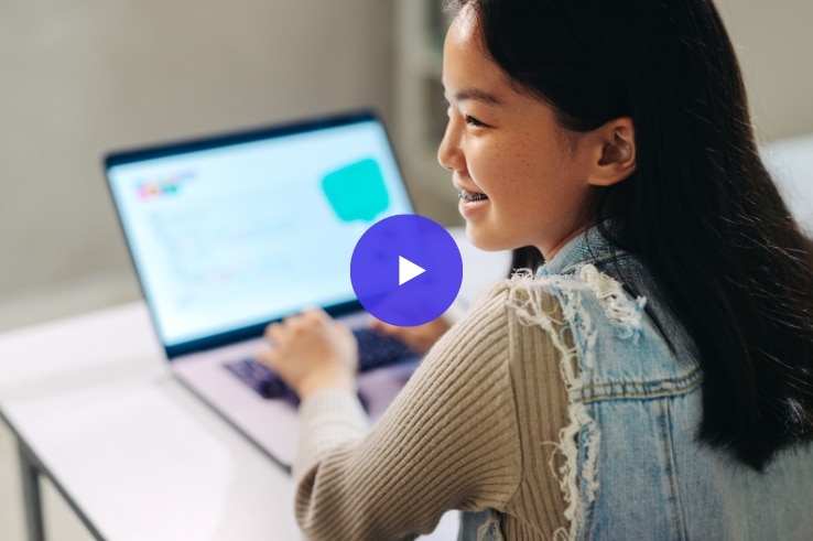 young student using class to participate in virtual classroom