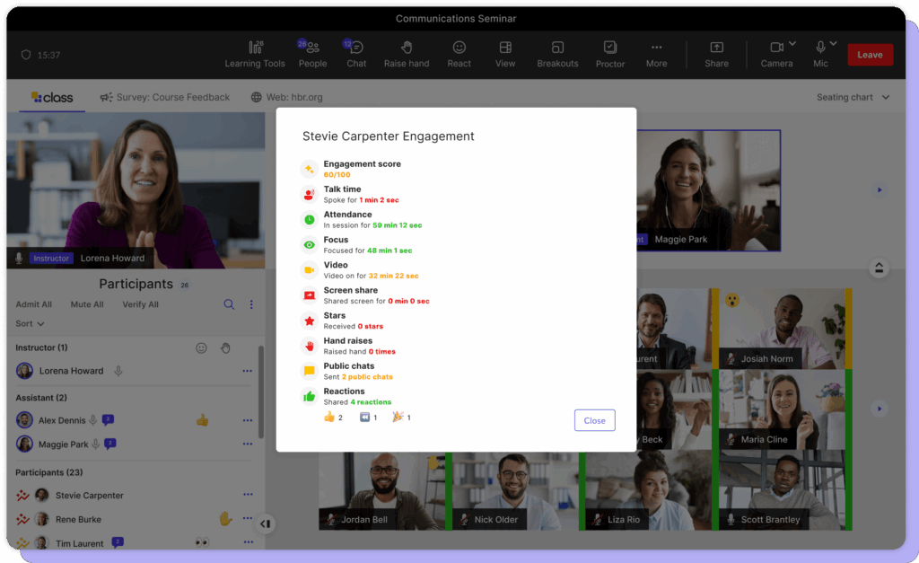 screenshot of class's real time learner engagement scoring